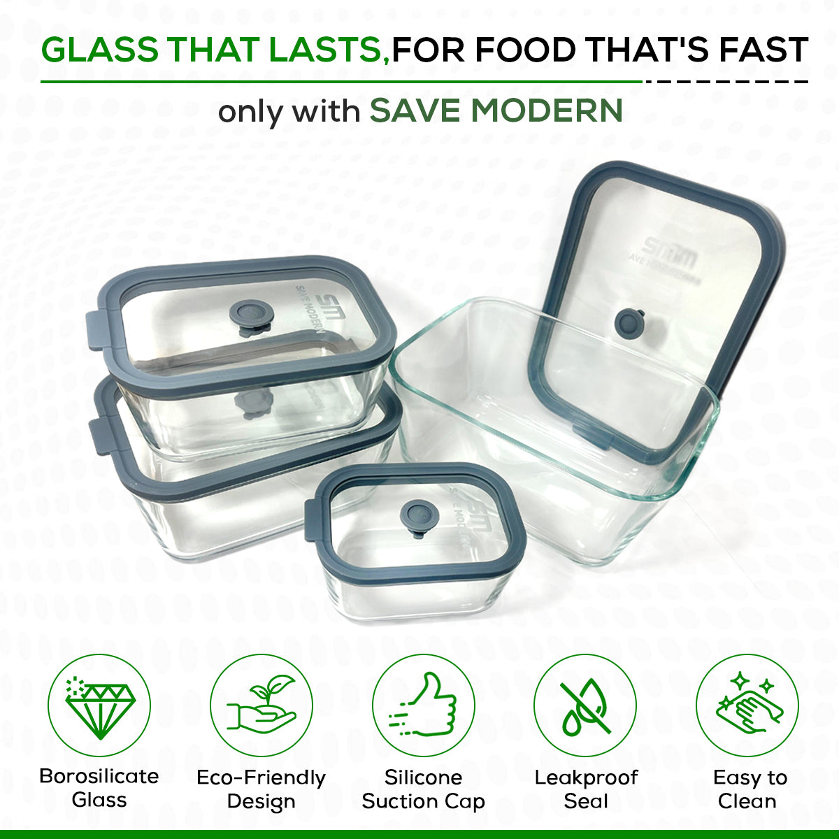 SAVE MODERN Glass Food Storage Containers with Lids – 4-Pcs Set Glass Containers for Food Storage – Microwave and Dishwasher-Safe – Borosilicate Glass Storage Container with Airtight Glass Lids