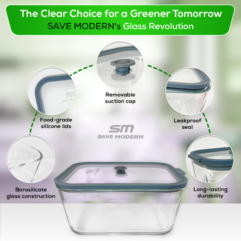 SAVE MODERN Glass Food Storage Containers with Lids – 4-Pcs Set Glass Containers for Food Storage – Microwave and Dishwasher-Safe – Borosilicate Glass Storage Container with Airtight Glass Lids