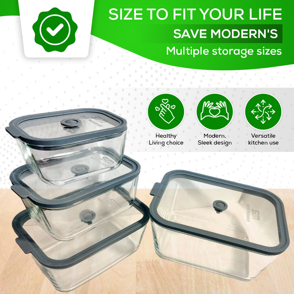 SAVE MODERN Glass Food Storage Containers with Lids – 4-Pcs Set Glass Containers for Food Storage – Microwave and Dishwasher-Safe – Borosilicate Glass Storage Container with Airtight Glass Lids